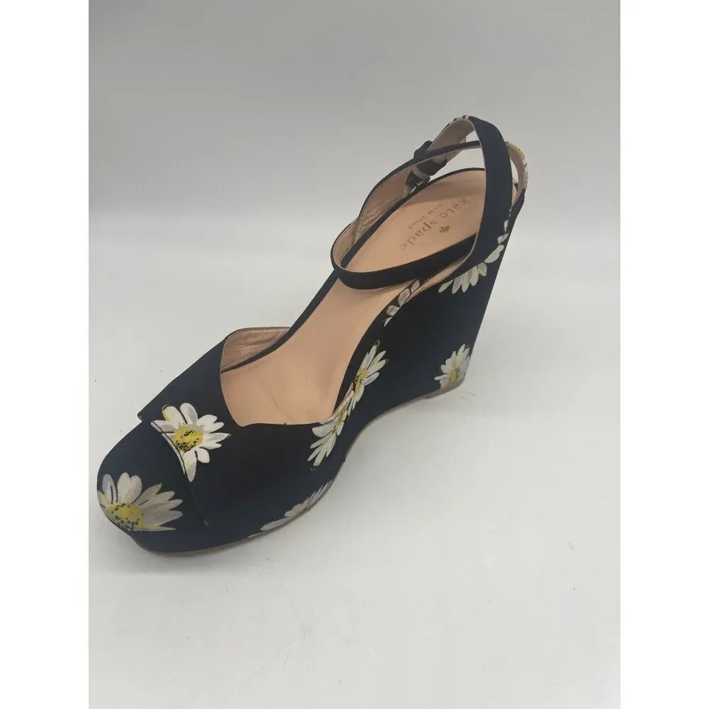 Kate Spade Dellie Women Black Canvas Floral Print Platform Wedge Size 10M